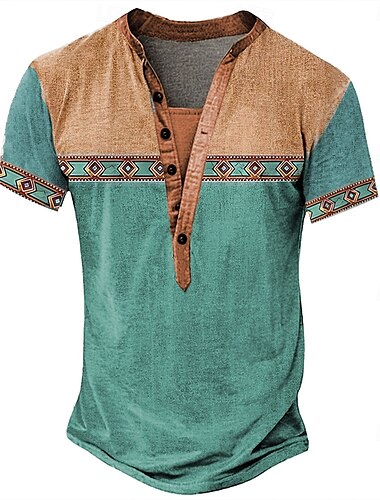  Herren Stammes T Shirt Henley Hemd T-Shirt Kurzarm Designer Basic Böhmische Outdoor Lässig Täglich Sommer Wasserblau Hellgrün Hellblau Khaki Henley Henley T-Shirt
