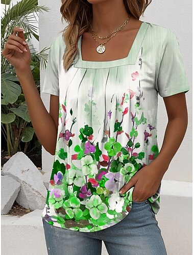  Dame T-shirt Blomstret Grafisk Planter Stilfuld Afslappet Kortærmet Firkantet hals Almindelige toppe Daglig Weekend Trykt mønster Blå Lilla Grøn Sommer Forår