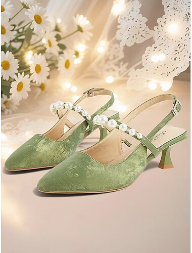  Scarpe con tacco a gattino con cinturino posteriore in velluto verde da donna con cinturino in perle – scarpe vintage a punta per appuntamenti romantici e outfit primaverili