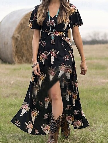  Dames Lange jurk maxi-jurk Casual jurk Zomerjurk Boho-jurk Jurk met print Modieus Buiten Feest Feestdagen Normale pasvorm Bloemig Mouwloos V-hals Zwart Zomer Lente
