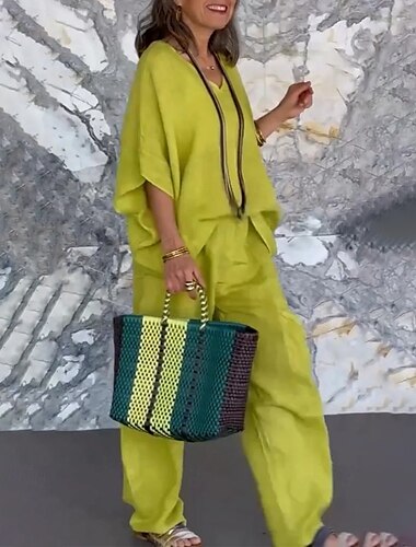  Femmes Actif Ensembles en coton et lin Chemisier Ensembles de Pantalons Demi Manches Col en V Couleur Unie Extérieur Vacances Noir Vert Gris Clair Été Coupe régulière