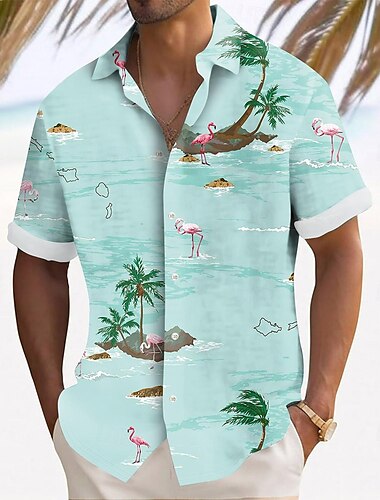  Per uomo Fenicottero Albero di Cocco Piante Tropicali Camicia Camicia hawaiana estiva Camicia con Bottoni Manica Corta Hawaiano Resort Vacanza Ferie Abbigliamento mare Estate Primavera Collo ripiegato