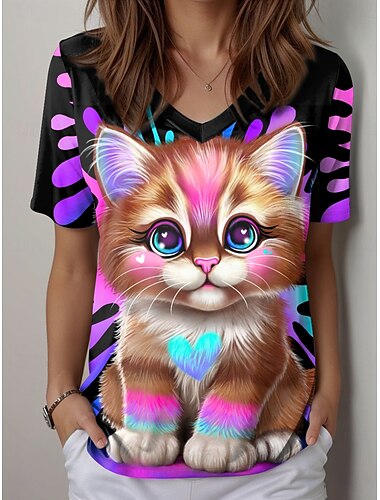  lil kitty by sheena pike женская футболка ombre графика животное винтаж стильный повседневный короткий рукав v-образный вырез обычные топы повседневный принт черный летний