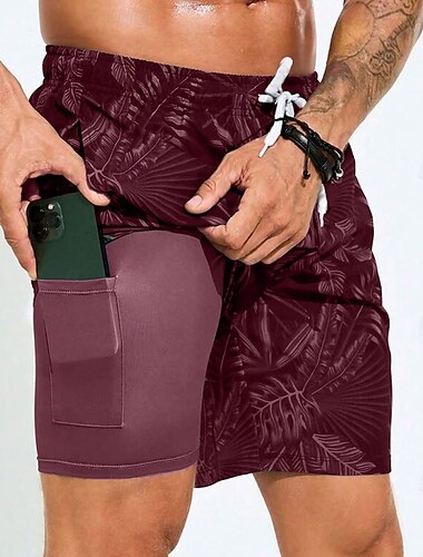  Herren Palmblatt Tropische Pflanzen Gefütterte Shorts 2 in 1 Badeshorts Badeshorts Mittlere Taille Hawaiianisch Urlaub Ferien Strandbekleidung Seitentaschen Mit Kompressionsfutter Elastischer