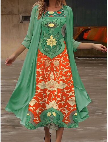  Dames Halflange jurk Zomerjurk Casual Semi-formele jurken Dagelijks Feestdagen Afspraakje Normale pasvorm Bloemig Grafisch 3/4 mouw Strakke ronde hals Groen Zomer Lente