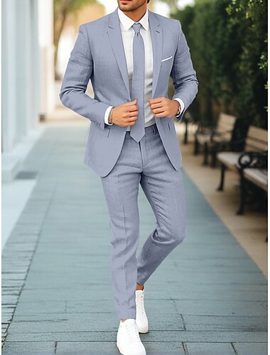  Herren Hochzeits Leinen Anzüge Dunkelkhaki Hellkhaki Business Formal Sommer Einfarbig Standard Fit 2 Stück Einreiher Ein-Knopf