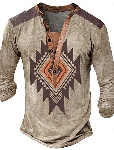  Homme Tribal T-shirt Chemise Henley manche longue Designer Rétro Vintage Occasionnel Rue Occasionnel Quotidien Été Printemps Automne Vert Kaki Gris Claire Col Henley Henley T-shirt Henley