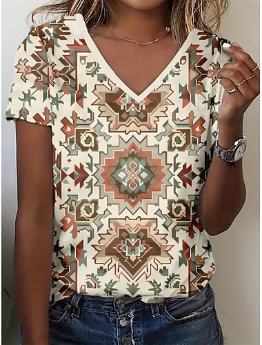  Damen T Shirt Sommeroberteile Grafik Geometrisch Klassisch Lässig Kurzarm V Ausschnitt Crop Tops Täglich Wochenende Druck Regenbogen Sommer Frühling Herbst