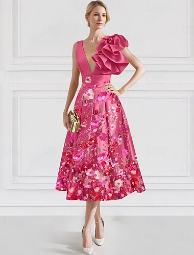  Vestido elegante de cóctel con estampado floral, rosa, azul y amarillo, corte A, para boda, formal, largo hasta los tobillos, sin mangas, cuello en V, satén con bolsillo bordado, 2025