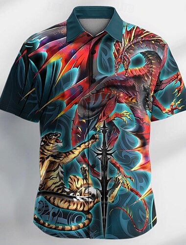  Chemise boutonnée à manches courtes pour homme, motif animal, tigre et dragon, haute résolution, par Ruth Thompson, édition limitée.