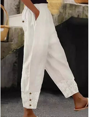  Dames Katoen Linnen Broeken Baggy Broeken Linnenachtig Effen Kleur Chino's Mode Streetwear Basis Enkel Lengte Middel Hoge Taille Effen Zak Elastische Taille Comfort Buiten Micro-elastisch Vakantie