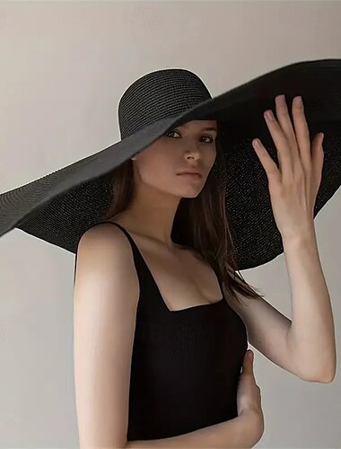  Sombrero de paja para mujer con ala extra ancha, plegable, con protección UV y diseño texturizado negro, perfecto para vacaciones en la playa, viajes y fotografía.