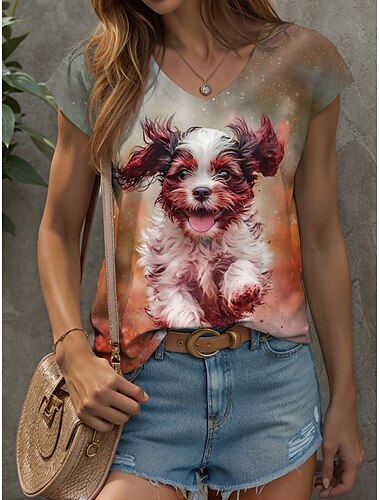  Damen-Tanktop mit Tier-Hund-Motiv, Vintage, stilvoll, modern, ärmellos, kurze Ärmel, V-Ausschnitt, normale Oberteile, Alltagsdruck, Gelb, Rosa, Lila, Sommer, Frühling