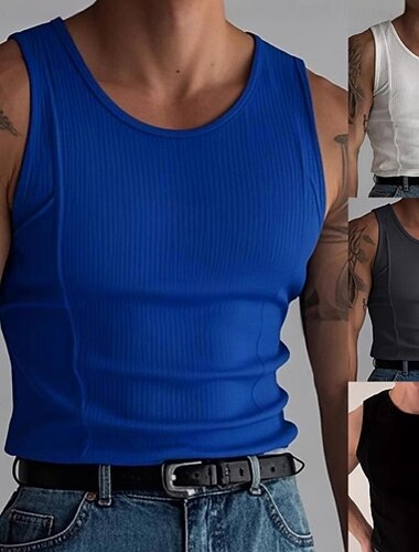  Voor heren Singlet Onderhemd Mouwloos shirt Spier shirt Mouwloos Strakke ronde hals Zomer Kleurenblok Pitstrook Modieus Spier Strakke pasvorm Standaard Buiten Casual Sport Zwart Wit Koningsblauw Top