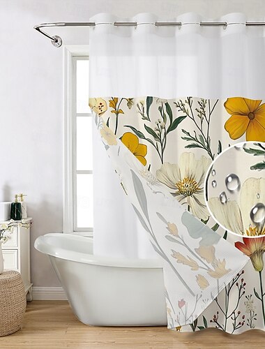  Bloem Wafel-Weef Textuur Douchegordijn Set met Insteek Voering en Transparante Raam Waterafstotend Polyester,Oogjes Bovenkant,120GSM Hotel Kwaliteit Spa Stijl Badkamer Scheiding Geen Haakjes Vereist