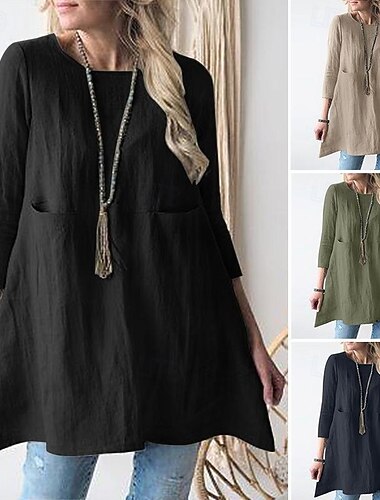  בגדי ריקוד נשים חולצות פשתן מכותנה אחיד יומי מסוגנן בסיסי שרוול 4\3 צווארון עגול קצר חולצות רגילות עבודה יומי חגים כיס שחור כחול נייבי חאקי אביב סתיו