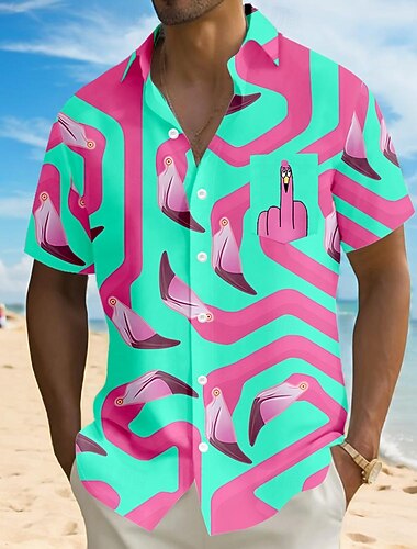  Homme Flamant rose Oiseau Drôle Chemise Chemise hawaïenne Chemise Boutonnée Manche Courte Hawaïen Vacances Fête Tenue de plage Été Col Rabattu Impression 3D Une poche avant Chemise en lin Bleu Noir