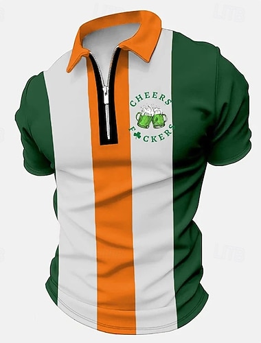  Herren Bier St. Patrick's Day St. Patrick's Day Polo Polo-Shirts Zip Polo Golf-Shirt Kurzarm-Shirt Umlegekragen Lässige Alltagskleidung Grüner Reißverschluss Druck Bekleidung Mode Designer Lässig