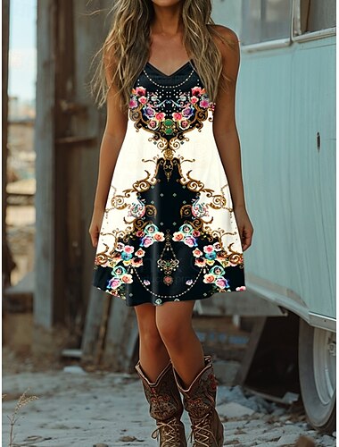  Robe boho pour femmes Robe western Robe vintage Mini robe Robe d'été Robe en A Robe à bretelles Robe décolletée Vacances Décontractée Sortie Plage Graphique géométrique Tribal Sans manches Col en V
