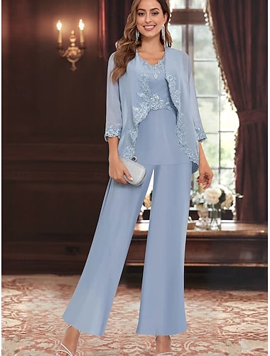 Hosenanzug Brautmutterkleid Hochzeitsgast Elegant Einfach Rundausschnitt Bodenlang Polyester Langarm mit Einfarbig 2025