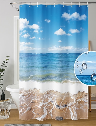  Badkamer Douchegordijn Set 180cm*180cm (70"*70") Waterdicht met Haakjes Strand Zeezicht Print Waterdichte Stof Douchegordijn Liner voor Badkamer Bedekte Badkuip Gordijnen Liner