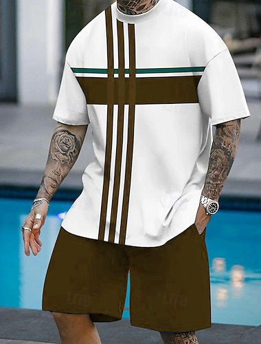  Herren Grafik 2St T-Shirts-Sets Sommeroberteile Kurzarm Kurze Hosen Rundhalsausschnitt Sport Lässig Outdoor Urlaub Sport 3D-Druck Sommer Weiß Purpur Braun