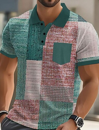  Herren Farbblock Polo Kurzarm Polo-Shirts Hemden mit Kragen Business-Casual Outdoor Athleisure Alltagskleidung Knöpfe Tasche 3D-Druck Sommer Dunkel Braun Blau Braun