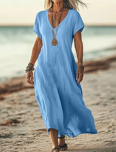  Damen Midi Kleid Sommerkleid Lässiges Alltagsurlaub Strand Reguläre Passform Leinenähnlich Einfarbig Kurzarm V-Ausschnitt Weiß Rosa Blau Grün Sommer