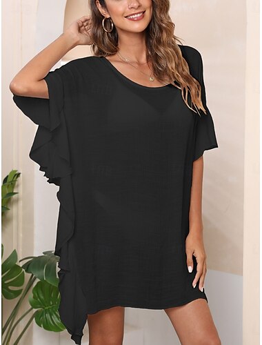  Damen Badeanzüge Cover Up Badekleid Badeanzug Rüsche Urlaub Strandbekleidung Einfarbig Rundhals Kurzarm Badeanzüge