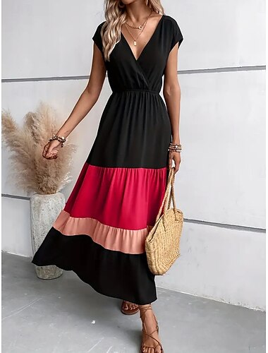  Damen Maxikleid A Linie Kleid Lässig Outdoor Ausgehen Strand Lässiger Schnitt Grafik Kurzarm V Ausschnitt Blau Fuchsie Braun Sommer