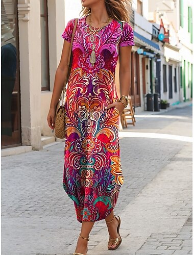  Damen Midikleid Etui-Kleid T-Shirt-Kleid Sommerkleid Urlaub Lässig Boho Täglich Normale Passform Grafik Paisley-Muster Stammes Kurzarm Rundhalsausschnitt Schwarz Blau Purpur Orange Sommer