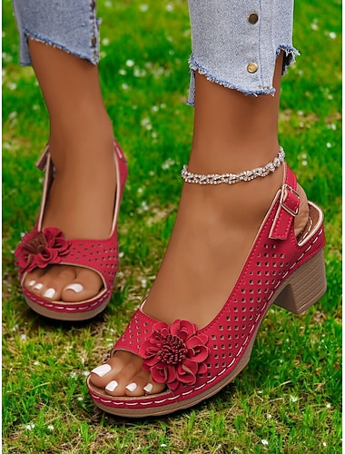  Slingback-Sandalen mit Blumen-Cutout für Damen – bequeme Sommersandalen mit klobigem Absatz für die Freizeit und Gartenpartys