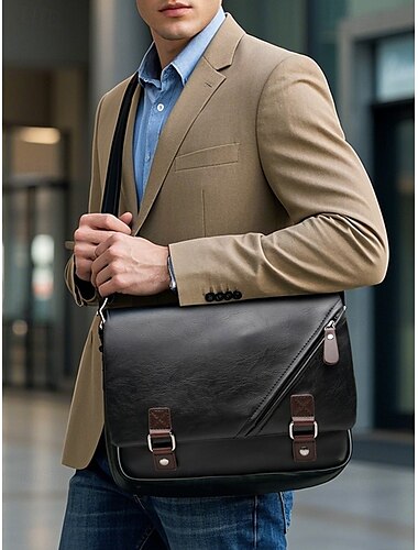  Herren Messenger Bag aus Kunstleder – Vintage Business-Umhängetasche mit verstellbarem Riemen und Schnallendetail, professionelle Aktentasche für Büro, Arbeit und Reisen