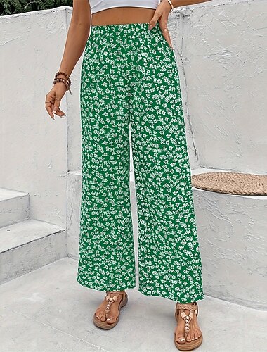  Damen Weites Bein Hosen Hose Urlaub Mode Volle Länge Mittlere Taille Blume / Blumenmuster Elastischer Bund Atmungsaktiv Bequem Mikroelastisch Straße Alltagskleidung Ausgehen Schwarz Weiß Gelb Grün