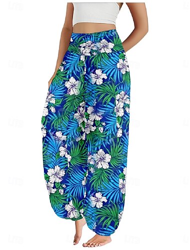  Damen Leinen-inspirierte Hosen Weites Bein Hosen Hose Ethno-Stil Lässig Boho Volle Länge Hohe Taille Blumen Blatt Tropisch Tasche Elastischer Bund Drucken Atmungsaktivität Weich Mikroelastisch