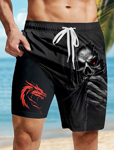  Voor heren Doodskoppen Draak Gevoerde shorts 2 in 1 zwemshorts Zwemshorts Medium Taille Vintage Retro Vakantie Feestdagen Strand Kleding Zijzakken Met compressievoering Elastische tailleband met