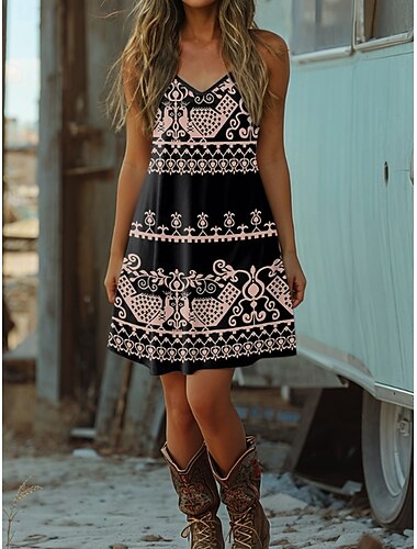  Damen Boho Kleid Western Kleid Vintage Mini Kleid Sommerkleid A-Linie Kleid Schlüpfkleid Off-The-Shoulder Kleid Urlaub Lässig Boho Ausgehen Strand Regulär Fit Grafik Geometrisch Tribal Ärmellos