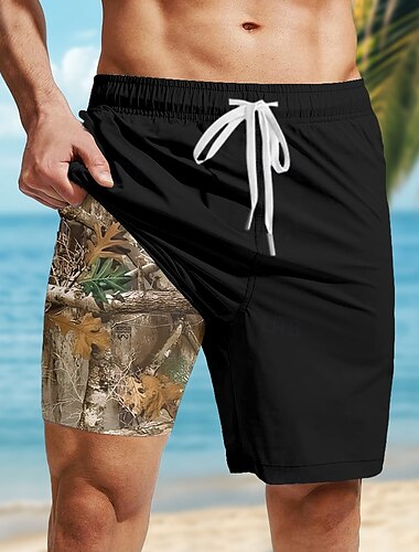  Hombre Color Camuflaje Pantalones cortos forrados Bañador 2 en 1 Pantalones de Natación Media cintura Hawaiano Vacaciones Festivos Ropa de playa Bolsillos laterales con forro de compresión Cintura