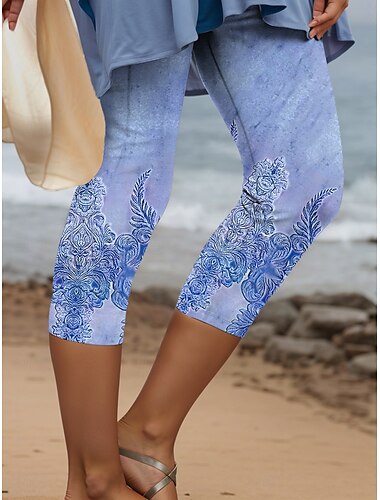  Leggings pour femmes Capri Pantalons Haute Élastique Mode Vintage Style Ethnique Longueur Mollet Taille Moyenne Imprimé Graphique Respirant Doux Extensible Vacances Décontracté Quotidien Bleu Oeuf de