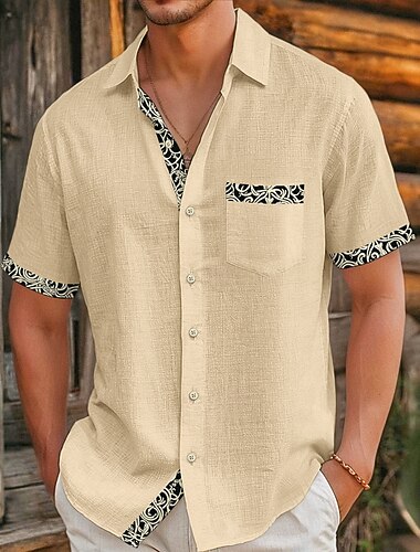  Herre Skjorte Linned skjorte Viking stil Sommer skjorte Strand Tøj Button Up skjorte Helfarve Ferierejse Curise Sort Hvid Navyblå Kakifarvet Kortærmet Krave Sommer Forår sommer Tøj Farveblok