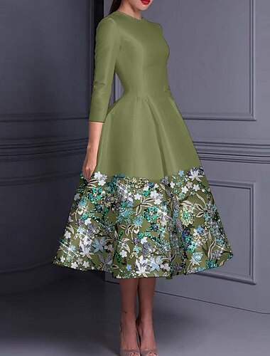  Blomsterbroderte A-linje cocktail elegant kjole formelt bryllup ankellengde lange ermer crew neck satin med splitt