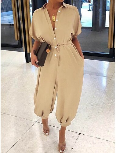  Dames Jumpsuit Actief Luipaard Half Mouw Shirt Kraag Hoge Taille Vakantie Dagelijks Regular Fit Zwart Bruin Khaki Zomer