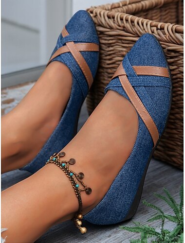  Damen-Crisscross-Ballerinas aus dunkelblauem Denim und Kunstleder – lässige Ballerinas im Vintage-Stil für den Alltag und das Wochenend-Styling