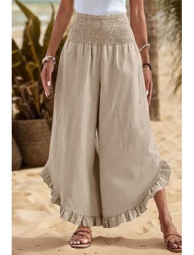  Women's Cotton Linen Pants Slacks Fashion Streetwear Full Length Natural Plain Ruffle Elastic Waist Outdoor Comfortable Outdoor Vacation Going out Orange red Wine Grey Black Summer Regular Fit