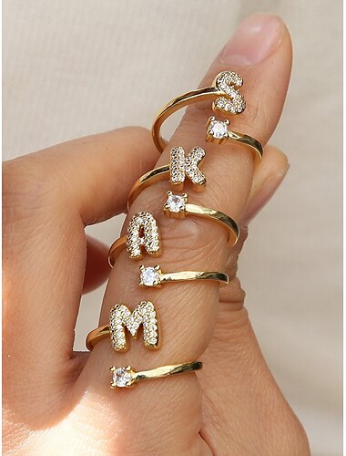  Bague initiale en or pour femme - Bague ajustable avec alphabet A-Z et perles ou cristaux - Bijou personnalisé avec nom pour un usage quotidien, un cadeau de fin d'études ou une occasion spéciale