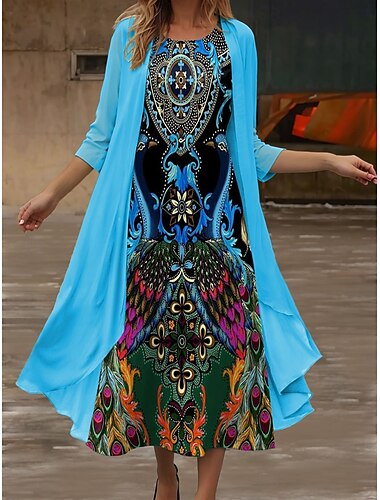  Dames Halflange jurk Zomerjurk Casual Semi-formele jurken Dagelijks Feestdagen Afspraakje Normale pasvorm Grafisch Tribal 3/4 mouw Strakke ronde hals Blozend Roze blauw Oranje Groen Zomer Lente