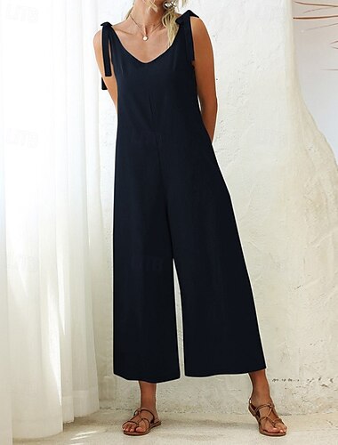  Damen Latzhose Jumpsuit Streetwear einfarbig ärmellos V-Ausschnitt rückenfrei Tasche Street Daily Regular Fit schwarz weiß hellgrün Sommer