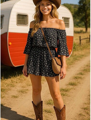  Ženské boho šaty západní šaty vintage mini šaty áčkové šaty šaty bez ramen prázdninové příležitostné boho venkovní na výlet pláž pravidelný střih květinový grafický pruh poloviční rukáv bez ramene
