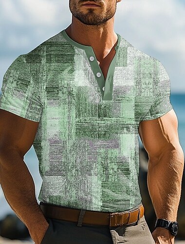  Herren Kariert T Shirt Henley Hemd Kurzarm Designer Retro Vintage Lässig Straße Lässig Täglich Sommer Frühling Grau Grün Blau Khaki Henley Henley T-Shirt