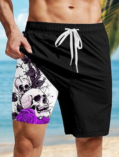  Herren Rose Schädel Gothic Gefütterte Shorts 2 in 1 Badeshorts Badeshorts Mittlere Taille Hawaiianisch Retro Vintage Ferien Streetwear Seitentaschen Mit Kompressionsfutter Elastischer Kordelzug in